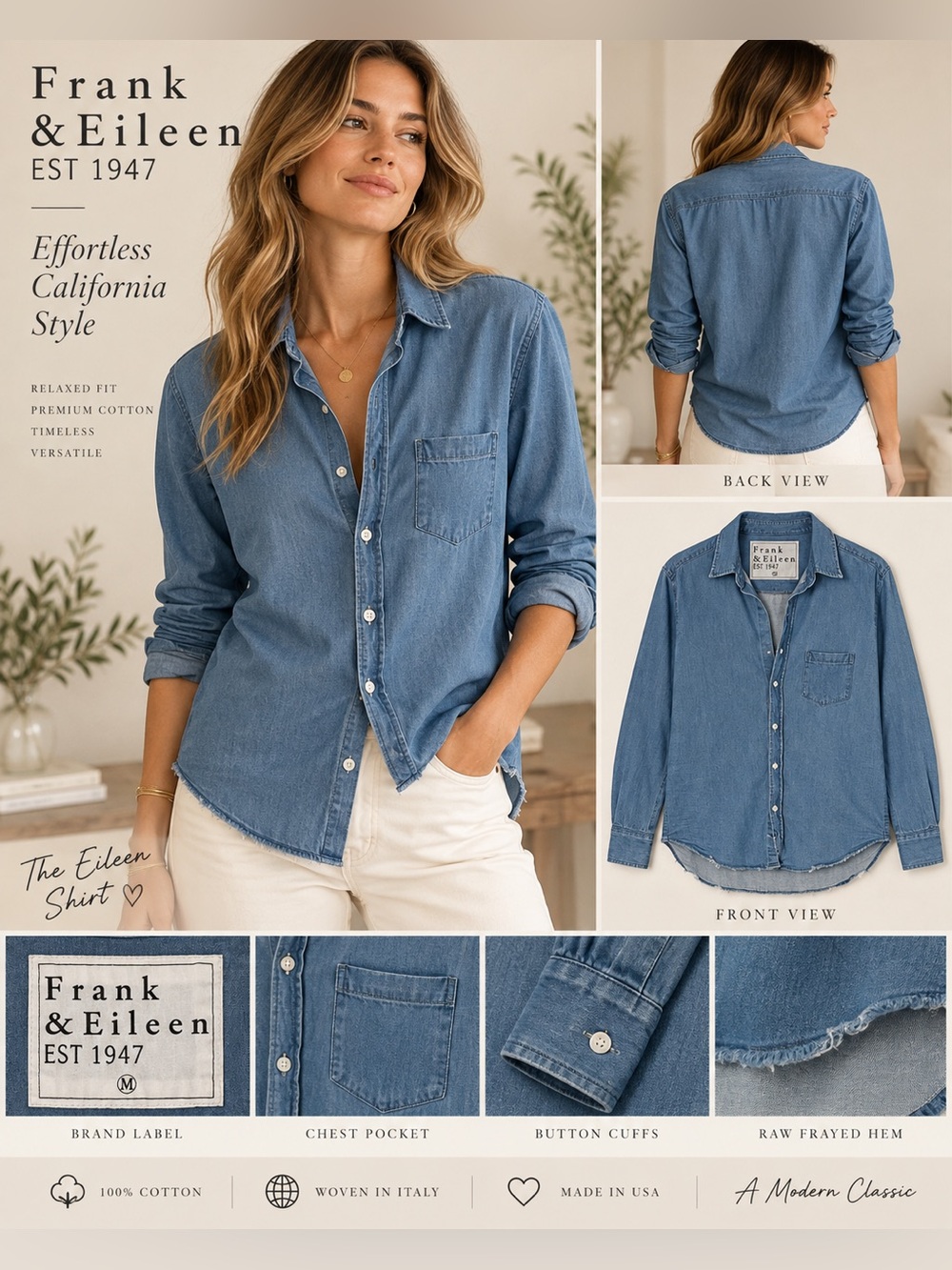 Frank & Eileen Eileen Shirt M Blue Chambray Denim Raw Hem Italian Cotton